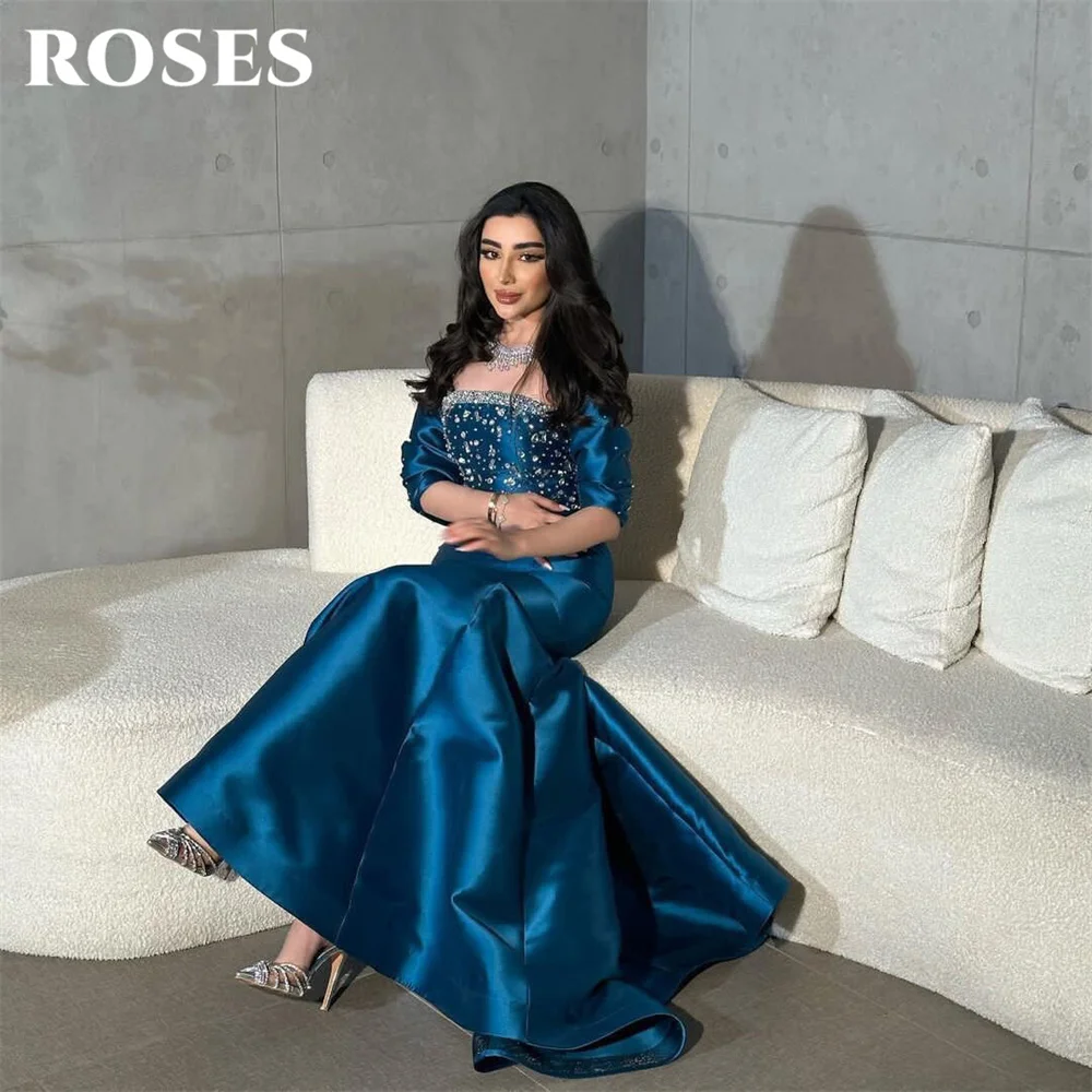 Sukienka wieczorowa bez ramiączek w kolorze niebieskim z kokardą, odkryte ramiona, suknia balowa typu syrena, formalna suknia na przyjęcie z kryształami, suknia balowa na zamówienie.