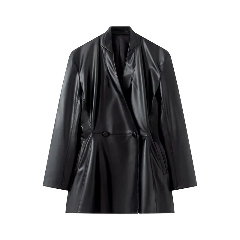 Women's Faux Leather Blazer Autumn Slim Fit Double Breasted – Luxury Style Casual Outerwear for Office & Daily Wear