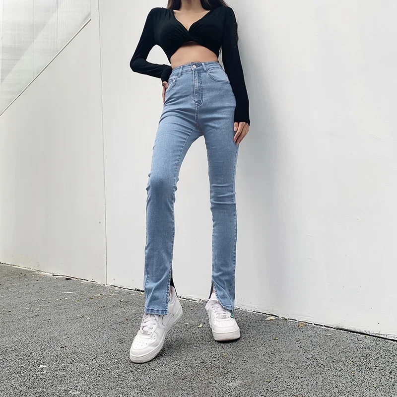 2024 Spring and Autumn Chic High Waist Blue Denim Pants Small Split Slim Thin Flared Jeans Casual Pencil Tight Skinny Trousers