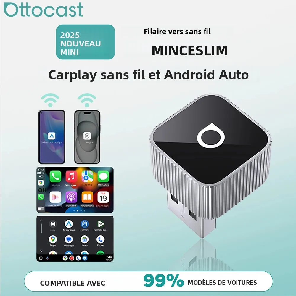 Adaptateur sans fil Ottocast Mini Slim CarPlay Android Auto, Plug and Play, connexion rapide, mini dongle USB pour Mercedes Benz Audi Toyota ET