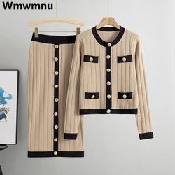 Women Korean Knitted Skirts 2 Piece Sets Button O-neck Vintage Sweater Cardigan Suits Spring Malhas Straight Faldas Conjunto