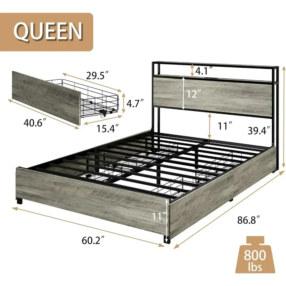 Bed frame with storageHeadboard with 4 large drawersIndustrial bed frame with charging stand and LED light Bed Bases & Frames