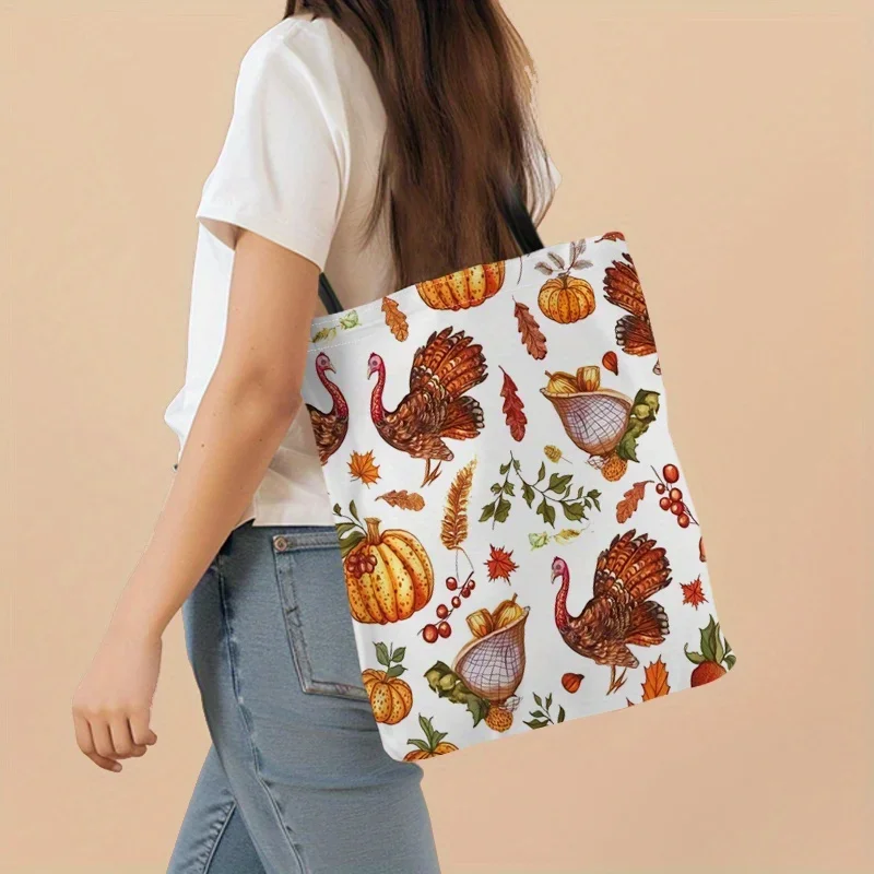 Shopping Bag Canvas Shopping Bag Compact Thanksgiving Turkey Pumpkin 2D Flat Print Tote Bag Affordable Shopping Bag