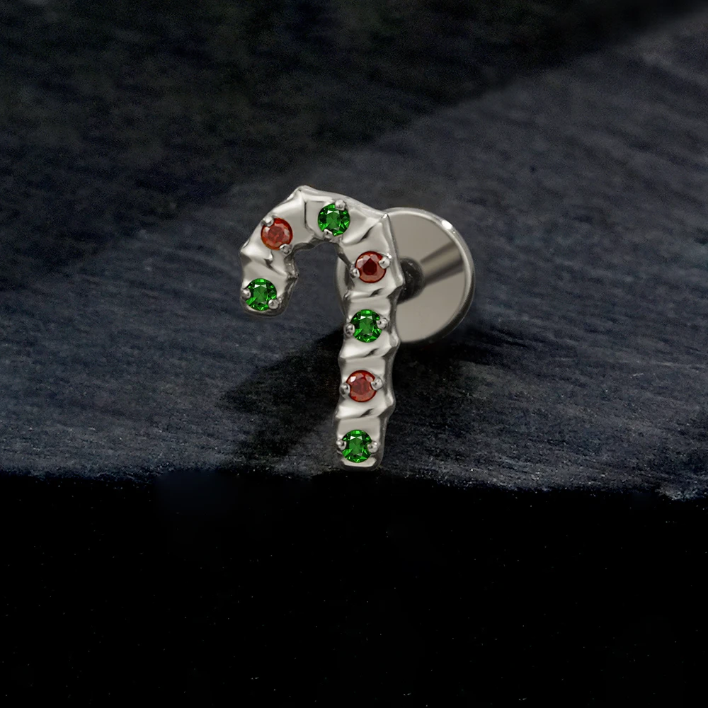 Right Grand ASTM F136 Titanium Christmas Candy Cane Flat Back Earring 16G Cartilage Helix Tragus Lobe Piercing Stud Labret Monroe Jewelry Christmas Gift Jewelry