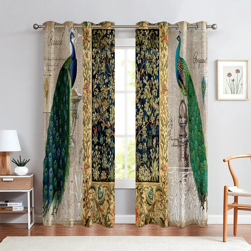 

2PCS Vintage Peacock Floral Pattern Printed Curtains, Bedroom Living Room Kitchen Rod Pocket Comfortable Decorative Curtains