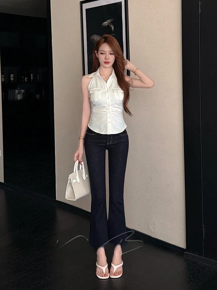 American Retro High Waist Bell Bottom Jeans Summer Hit Cover Baggy Hip Enhancing Nine Point Micro Flare Denim Ladies Jeans