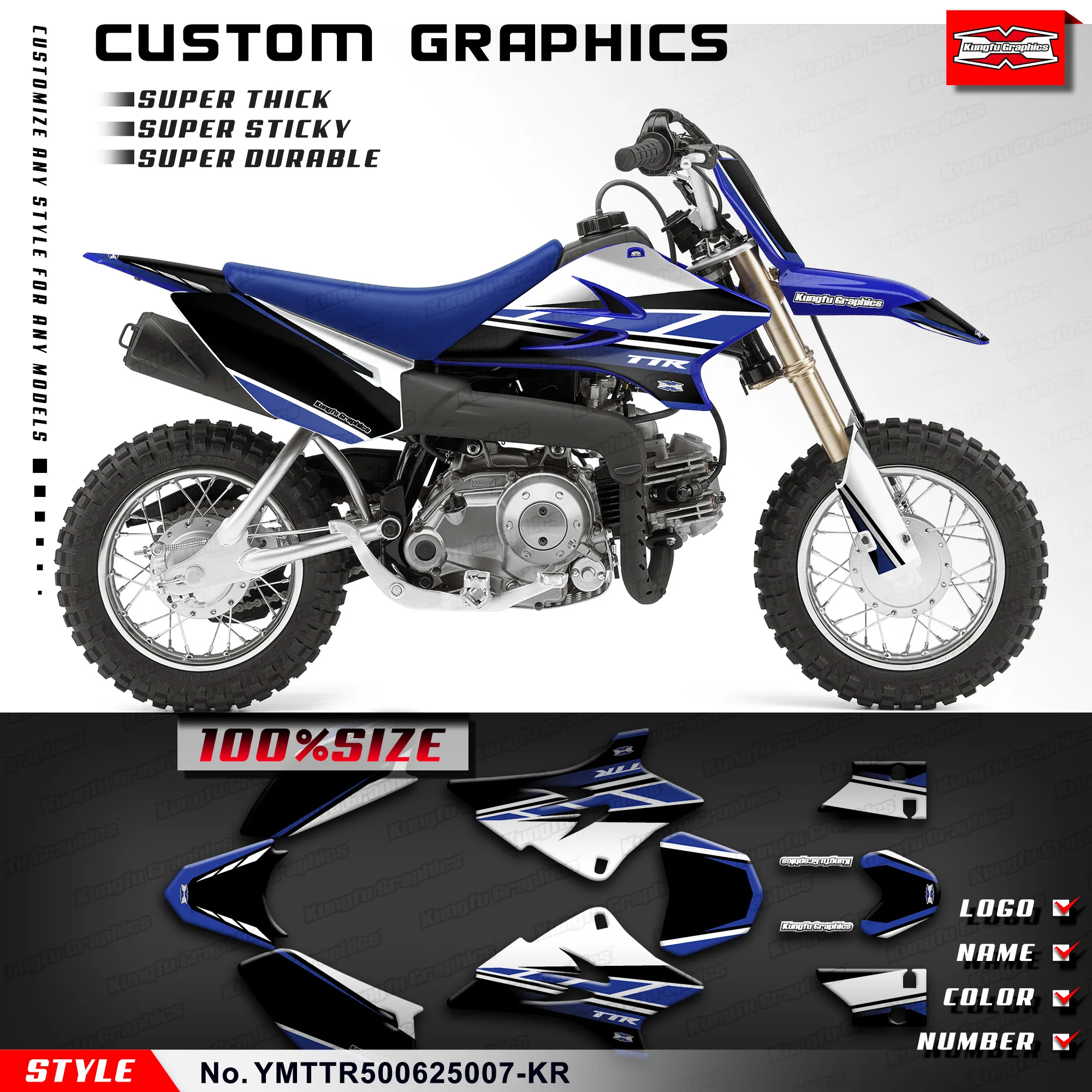 

KUNGFU GRAPHICS Customised Adhesive Sticker Durable Vinyl for Yamaha TT-R50E TTR 50 TT-R50 2006-2026, Rebuild, YMTTR500625007-KR
