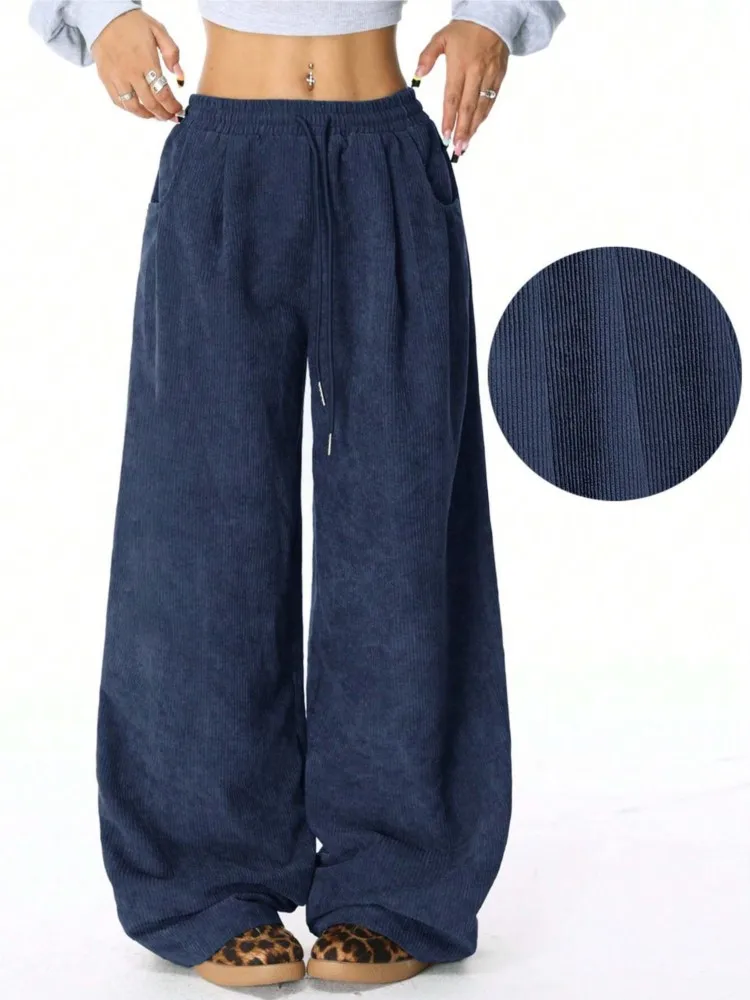 Autumn Casual Retro Pocket Corduroy Cargo Pants  Women's Fashion Drawstring Straight Sports Pants New Drape Wide Leg Pants