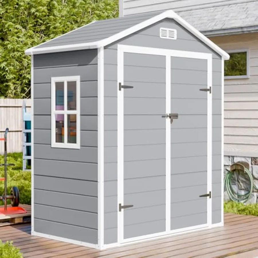 

6x3 FT resin storage shed for garden, patio, backyard use; light gray waterproof plastic with floor, window, lockable door