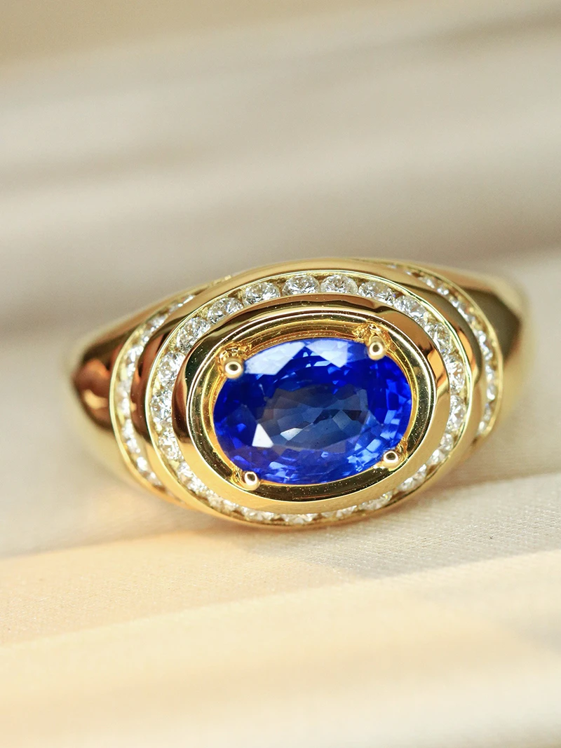 LUOWEND 100% 18K Yellow Gold Rings Luxury Elegant Style Shiny Diamond Natural Sapphire Ring for Women Wedding Party Fine Jewelry