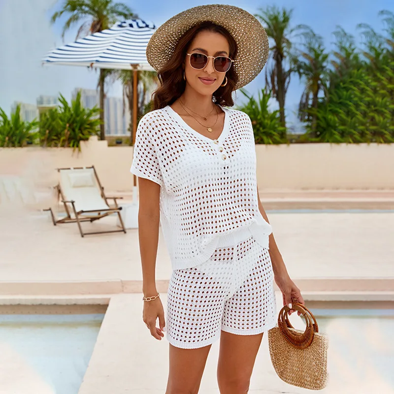 2024 zomer nieuwe strand dames effen kleur sexy gebreide opstaande kraag bikini badpak hoodie set