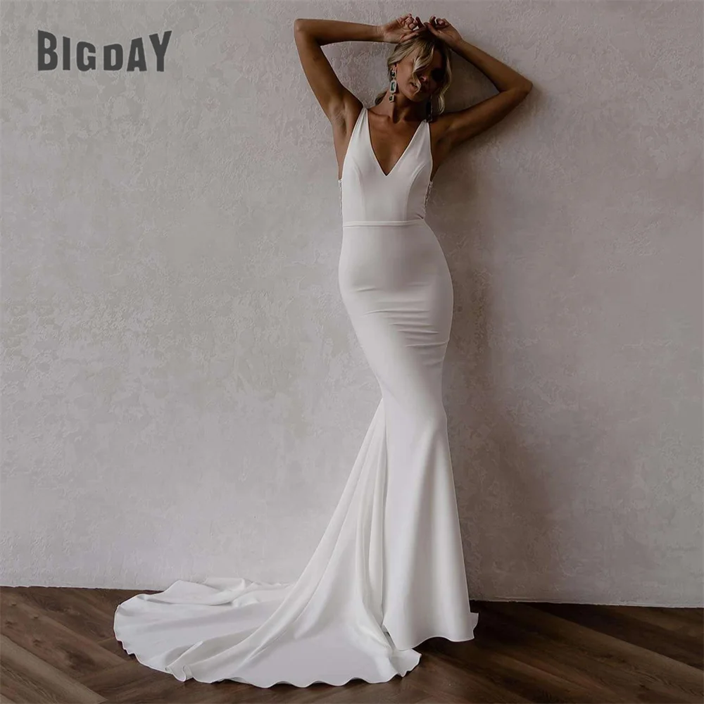 

Elegant Meramid Wedding Dresses Women Lace V-Neck Open Back Spaghetti Straps Simple Bridal Gowns Sweep Train Vestidos De Noiva