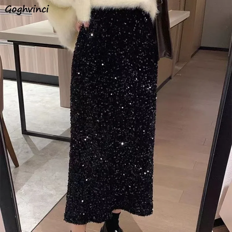 

Sequined Black Skirts Women Velvet Bright Back Slit Chic Elegant Gentle Causal Solid Midi High Waist Autumn Winter Female Mujer