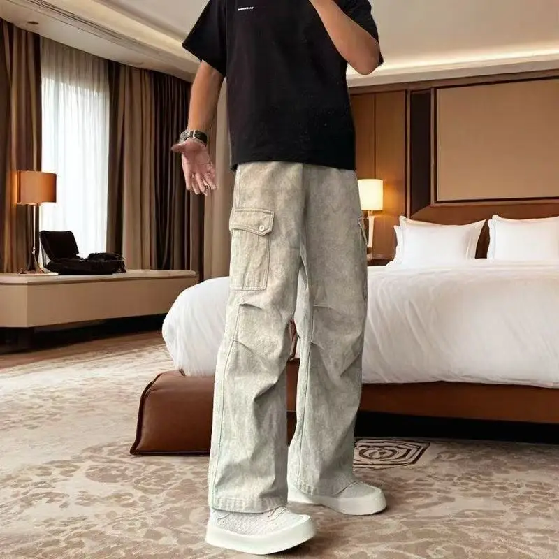 Men's High Street Cargo Pants Autumn Winter Wrinkle Pleated Loose Fit Straight Leg Casual Streetwear Hip Hop Trousers