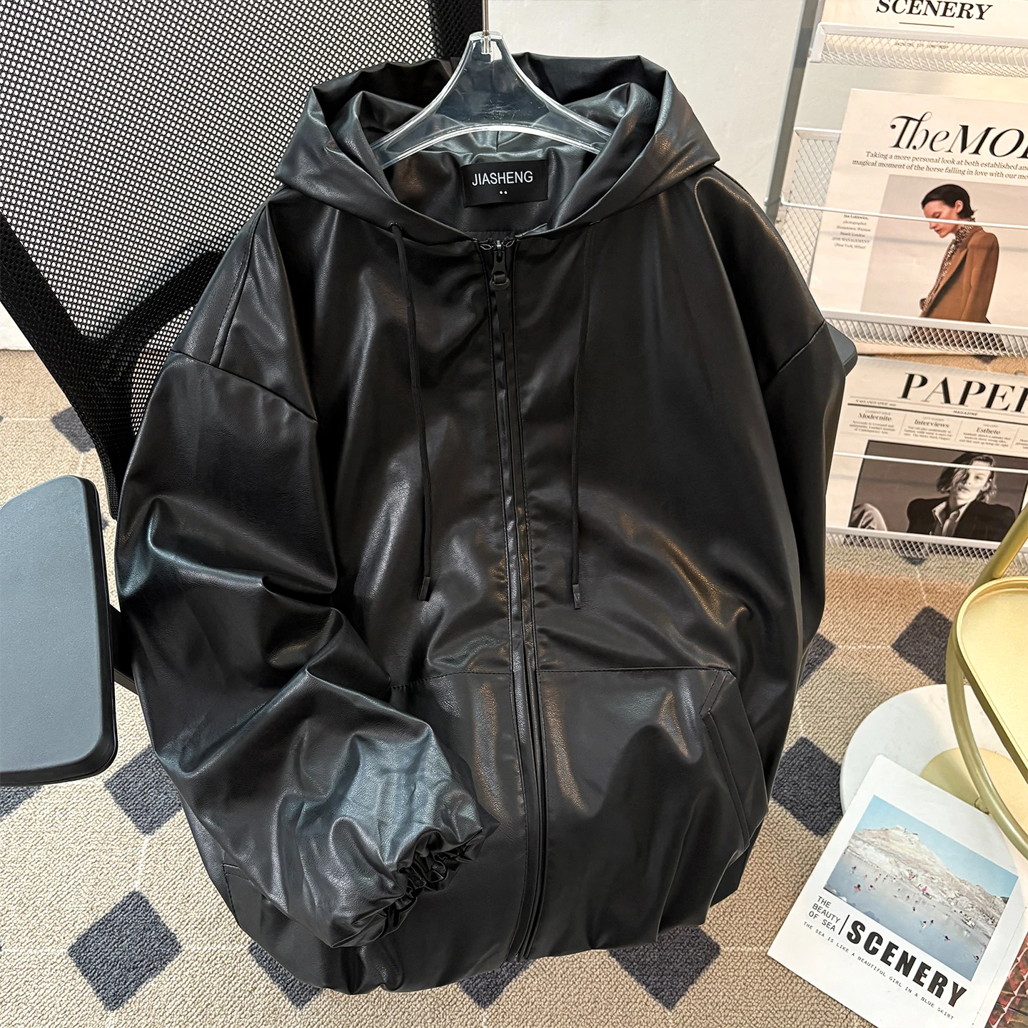 

Bla Hooded PU Leather Jaet Men's American Street Motorcycle Sle Versatile Trendy Vintage ape Loose Leather Coat