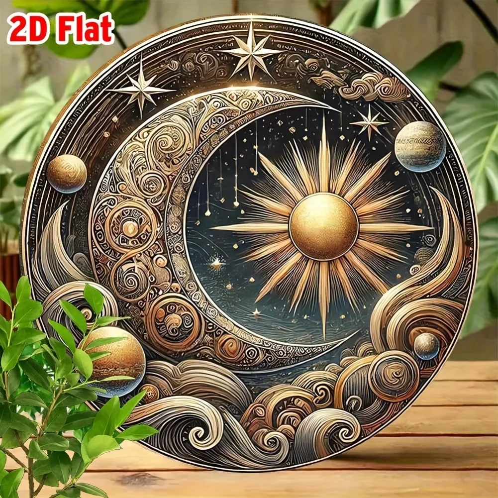 2D Flat 1pc Vintage Mystical Moon and Sun Wall Art Intricate Floral Relief with Stars and Planets, Aluminum Round Decor