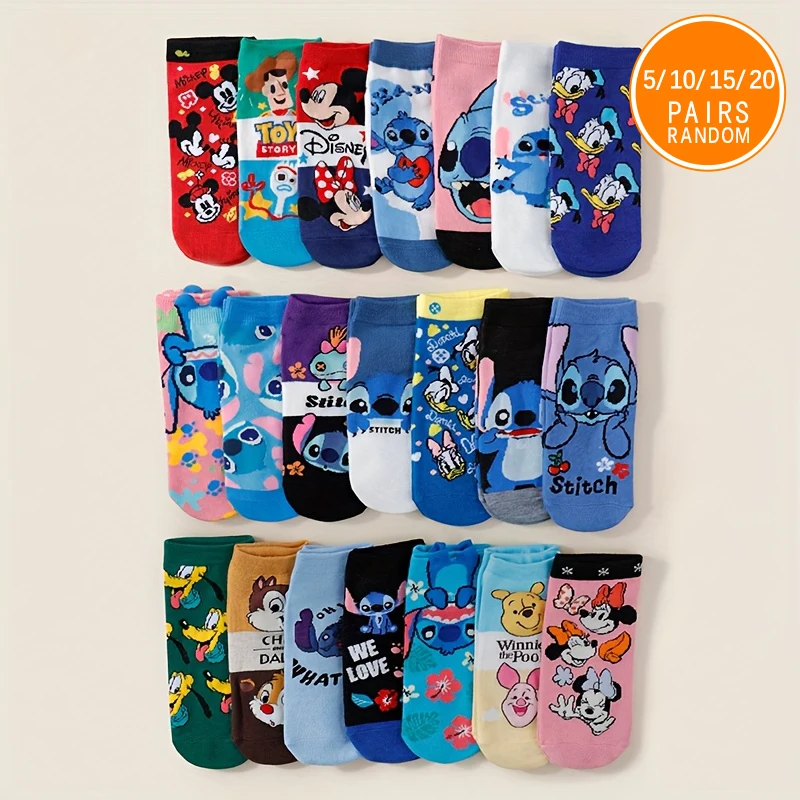 

5/10/15/20 Unisex Disney Cute Cartoon Stitch/Mickey/Minnie/Donald Duck/Series Pattern Versatile Casual Letter Straight Socks