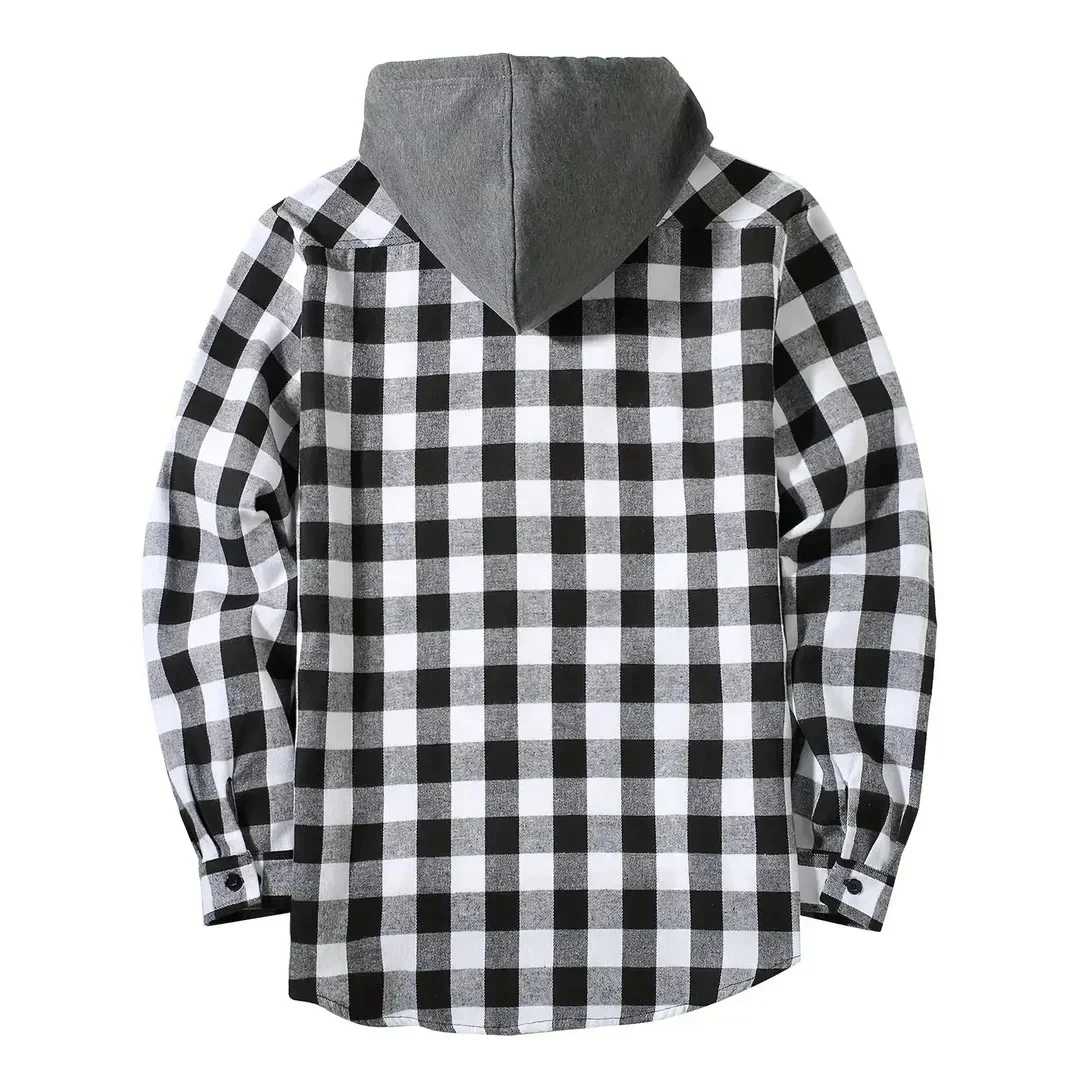 Spring Autumn Men\'s Hooded Shirts Classic Plaid Casual Button Down Hoodies Long Sleeve Double Pockets Shirts Flannel Jacket Tops