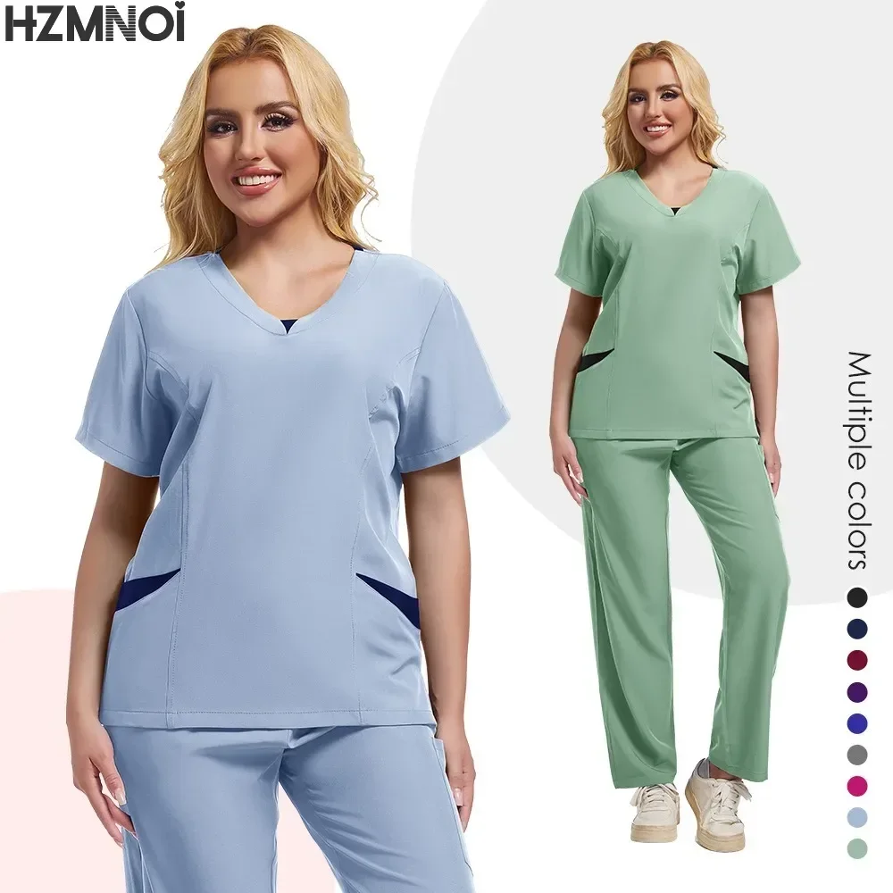 New Scrubs Set Medical Uniforms Stretch Scrub Tops with Pocket Pants Nurse Uniform Doctor Surgery Overalls Beauty Salon Workwear