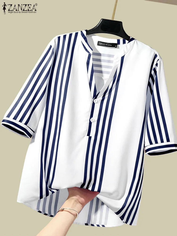 

ZANZEA Women V Neck 3/4 Sleeve Blouse Summer Stripe Printed Shirt Work Holiday Blusas Femme Causal Loose Chemsie Beach Tunic