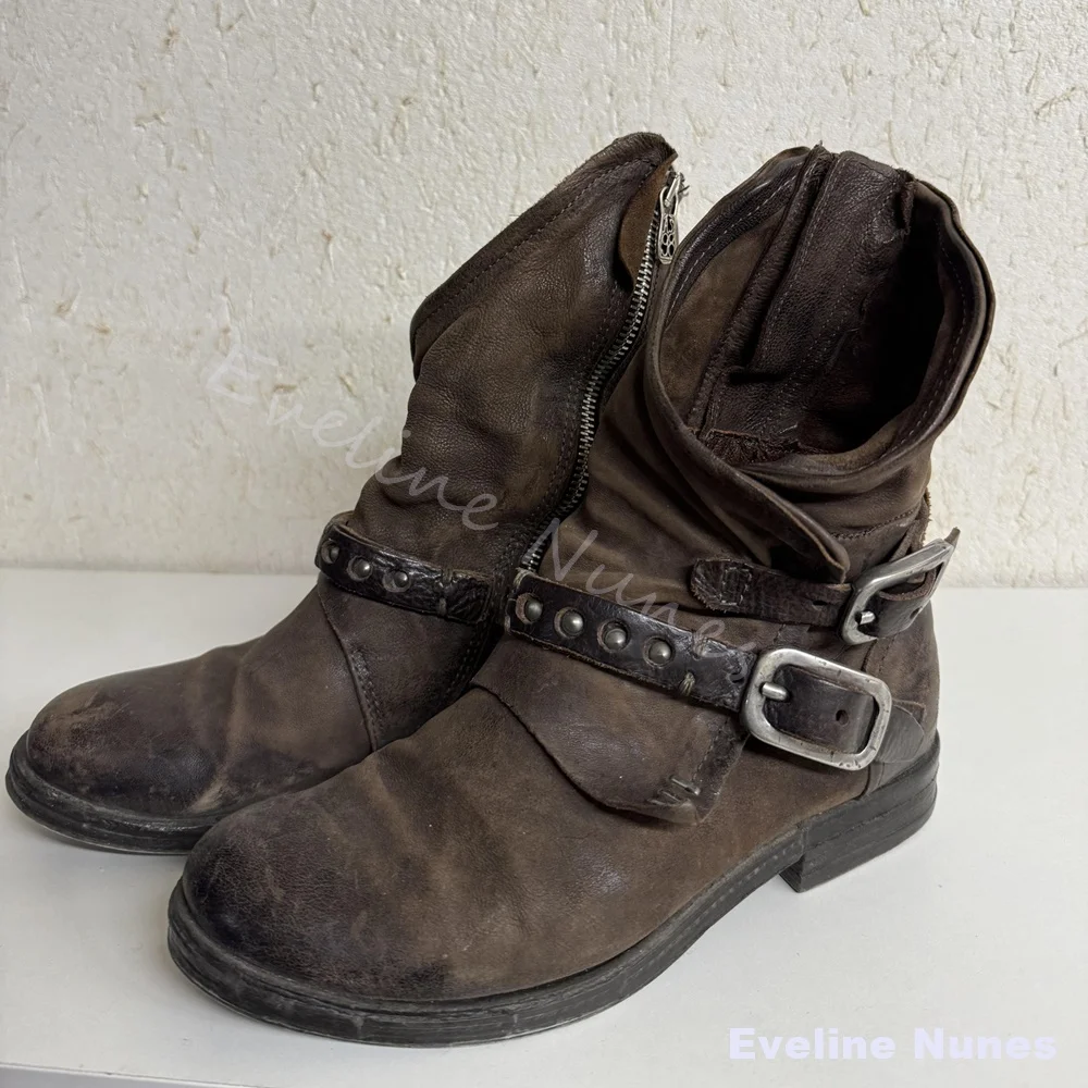 Slouchy Brown Distressed Leather Motorcycle Boots Men Round Toe Multi Metal Buckle Rivet Side Zip Retro Punk Mid Calf Biker Boot
