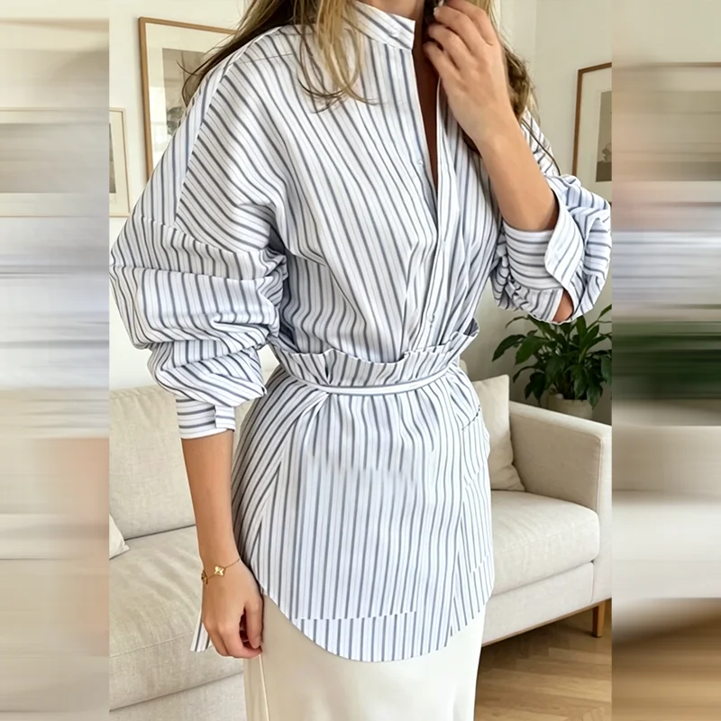 Neue Damenbluse mit Streifenmuster, Stehkragen und Gürtel, Übergroße Langarm-Bluse für Stilvolle Damen, Geeignet für Dates, Büro und Alltag – Detail 2