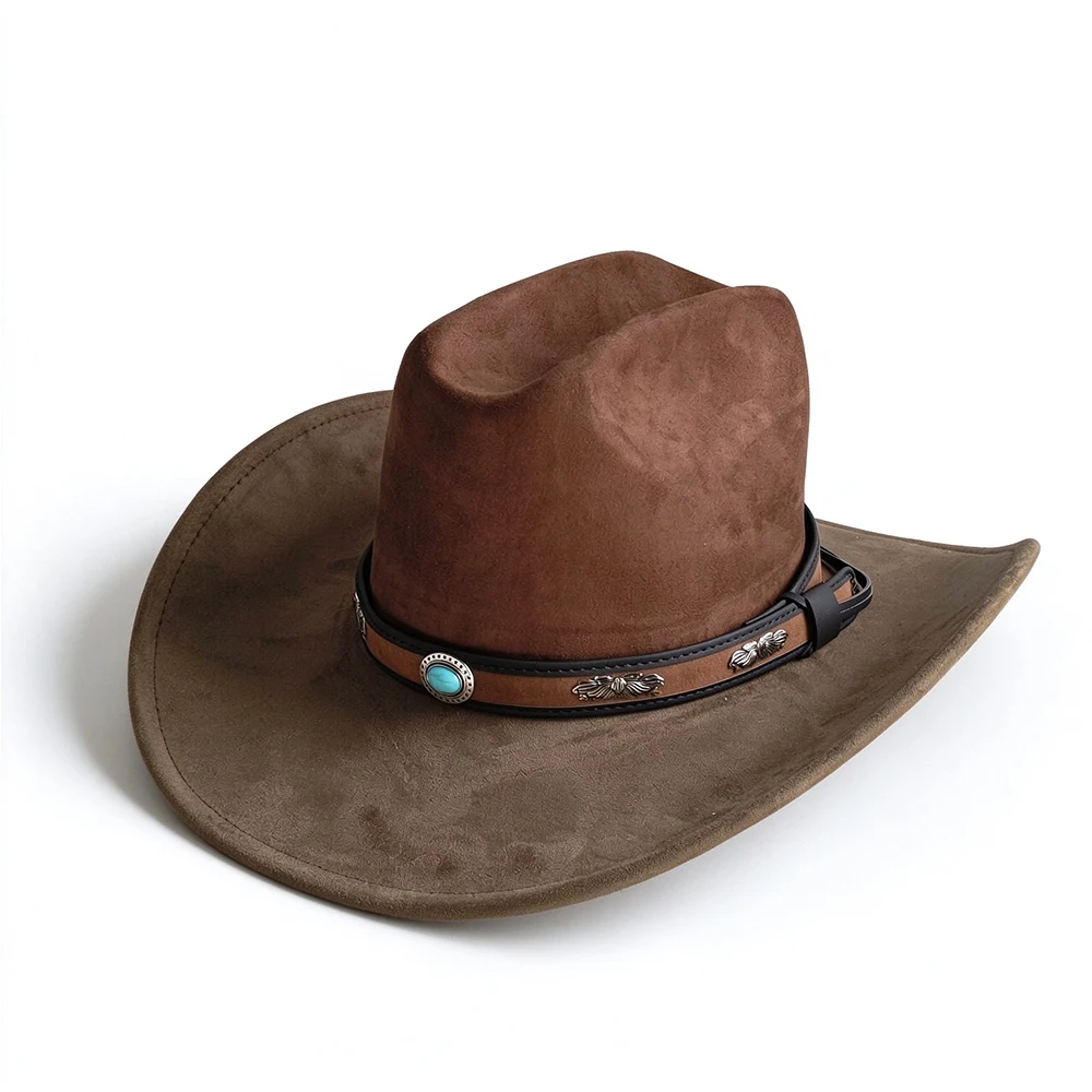 Western cowboy hat,cowgirl hat wide brim hat faux suede hat two tone hat turquoise leather band, unisex, vintage style, sun