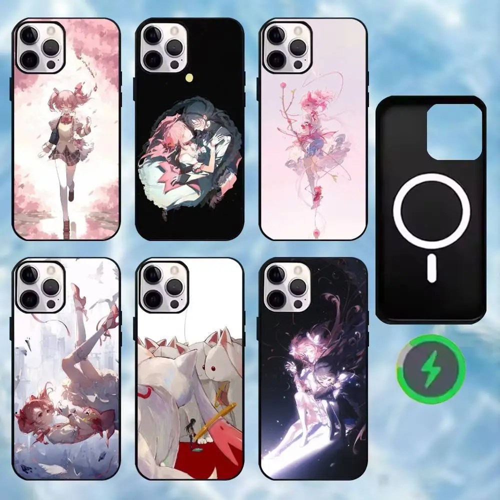 Puella Magi Madoka Magica Handyhülle für iPhone17,16,15,14,13,12,11 Max, schwarze kabellose Lade-Schutzhülle