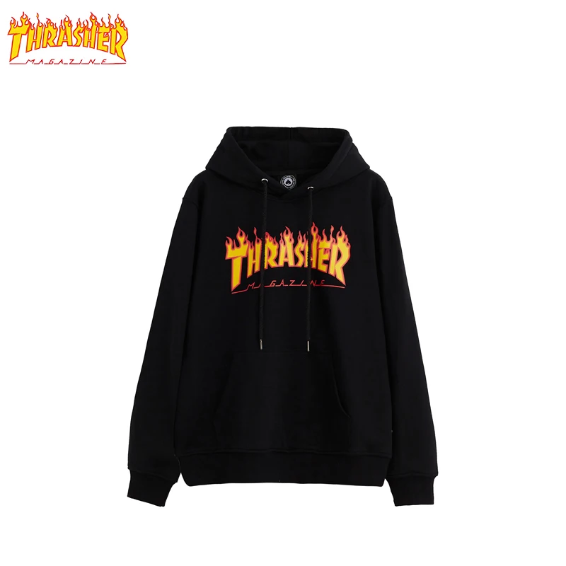 THRASHER Flame Yellow Fire Hoodie Fashion Men's and Women's Matching Loose Cotton and Fleece Hoodie