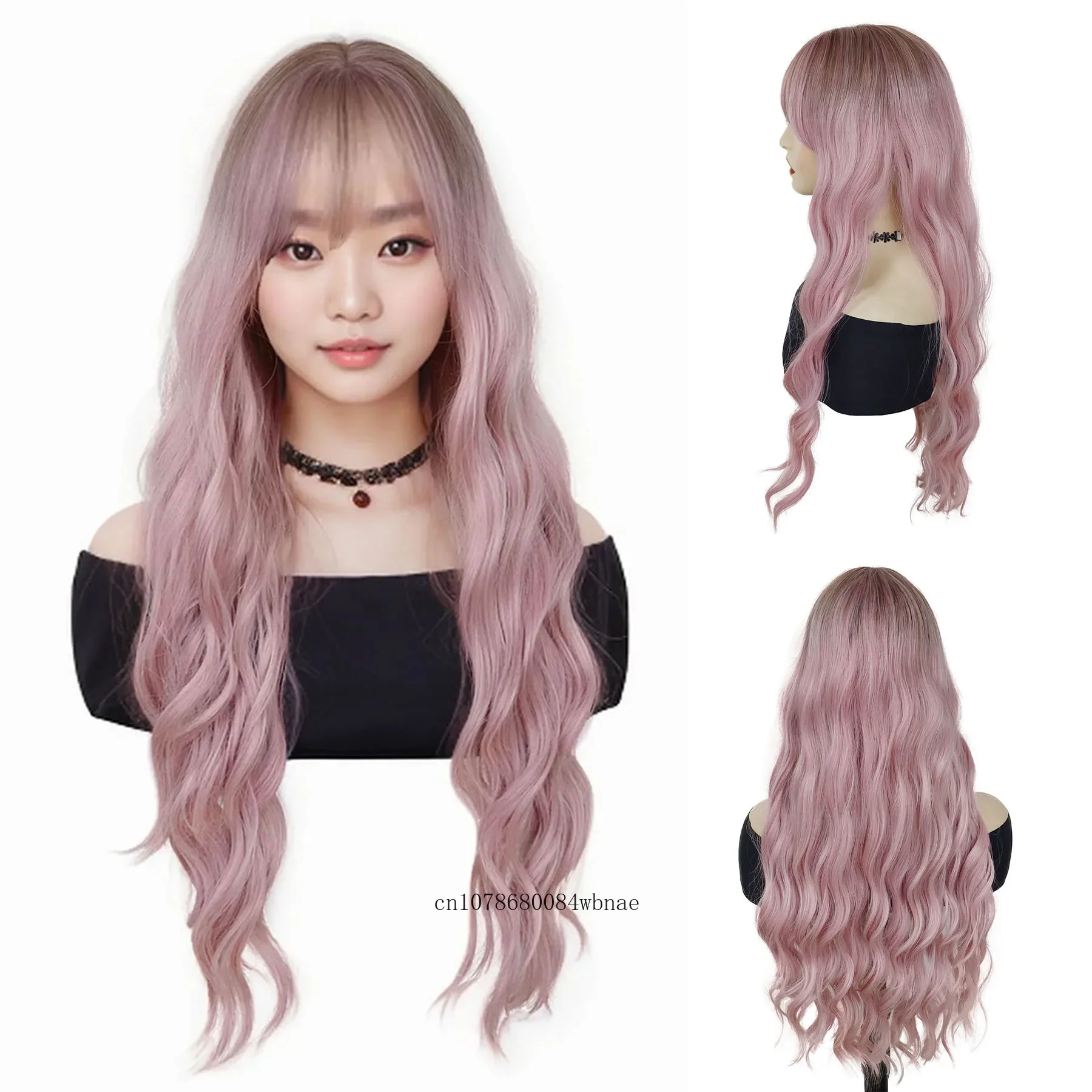 28 Inch Long Pink Synthetic Wig with Bangs Natural Wavy Curly Cosplay Wigs for Women Girls Halloween Costume Party Christmas