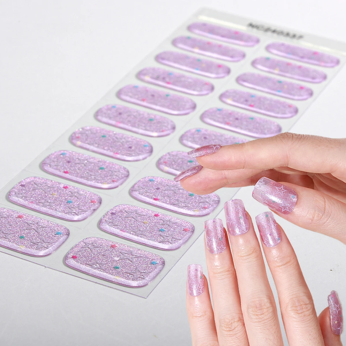 Vernis à ongles Gel Semi-durci scintillant, couverture complète, étoile brillante, à pois, autocollant, décor de manucure longue durée, 20 pointes