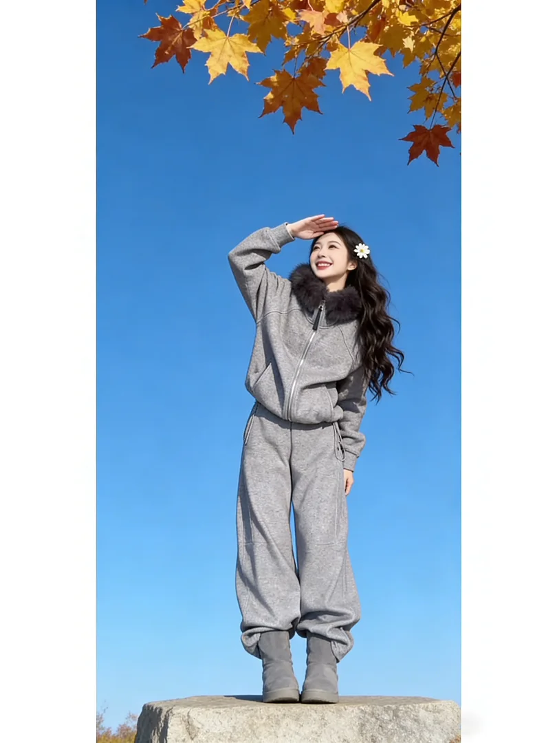 

Faionable Casual Loose Simple Hooded Fur-Lined Sweatirt Set Fce Lined Leisure Sports Set New 2025 Winter High Waist Lo...