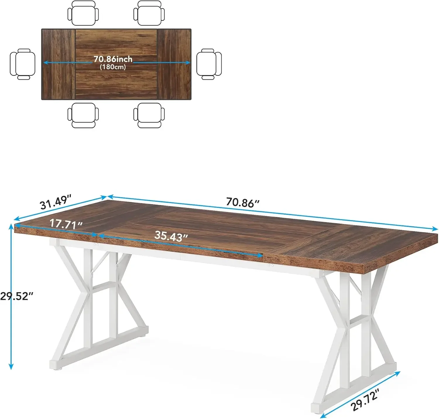 Farmhouse Retangular Wood Dining Table, Rustic Kitchen Table, Heavy Duty Metal Legs, para 6 pessoas, 70,8"