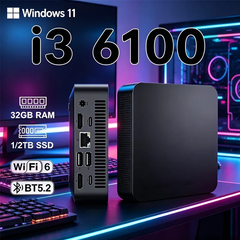 

MINI PC Windows 11 Pro Core i3 6100 32GB RAM 1TB 2TB SSD WIFI 6 BT5.2 4K HD Mini Gaming Office Study Pc With 3 Years Warranty