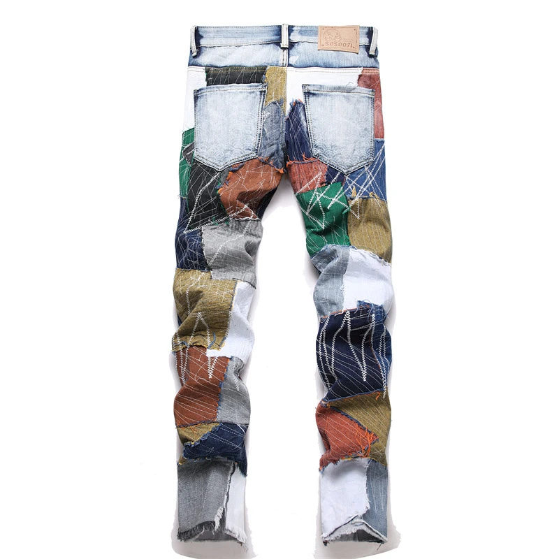 New Men's Fashion Patchwork Jeans Mid-Waist Casual Straight Leg Beggar Pants Streetwear