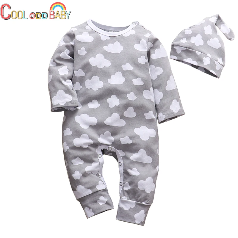 2Pcs Outfits Autumn Baby Boys Casual Cartoon Cute Cloud Gray Long Sleeve Jumpsuit Hat Infant Newborn Clothes Baby Girl Clothing