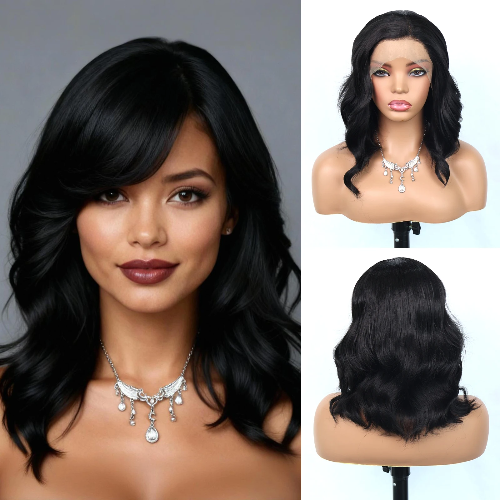 

Aubree Synthetic Wigs 13*4 Lace Front Short Wavy Bob Wigs For Women Dayily Use 14 inch Free Parting Natural Black Heat Resistant