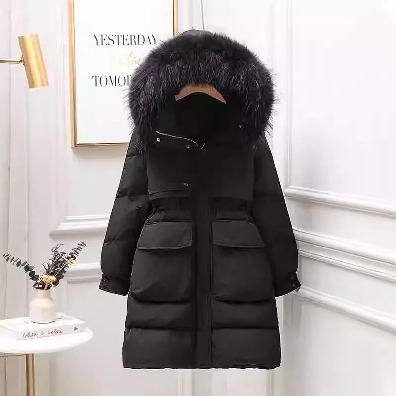 Parka de pele de guaxinim real para mulheres, sobretudo longo quente, jaqueta branca de pato, casaco grosso, solto, moda, novo, inverno, 90, 2022