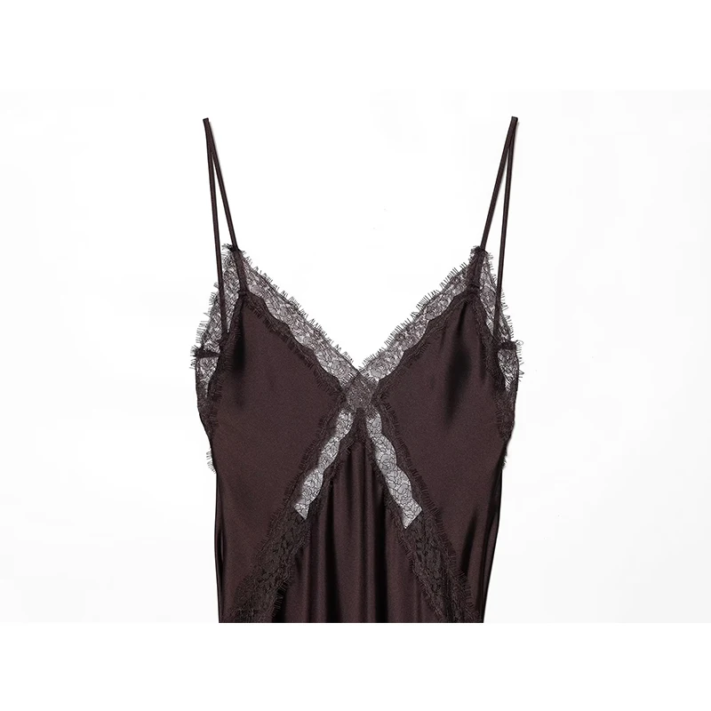 المرأة مثير الساتان الدانتيل لصق الرسن فستان طويل 2025 صيف جديد بلا أكمام عارية الذراعين التجاعيد فساتين النساء فساتين الحفلات المسائية #5