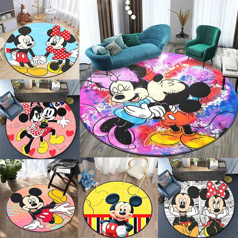 MINISO DISNEY Cartoon Mickey Mouse Printed Pattern Circular Carpet Bedroom Rug Floor in Living Room Kitchen Door Mat Decorative