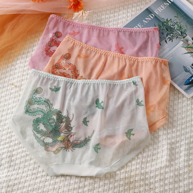 3PCS/Set Panties for Women Chinese Style Printed Sexy Net Soft Lingeries Briefs Plus Size 5XL Thin Transparent Underwears