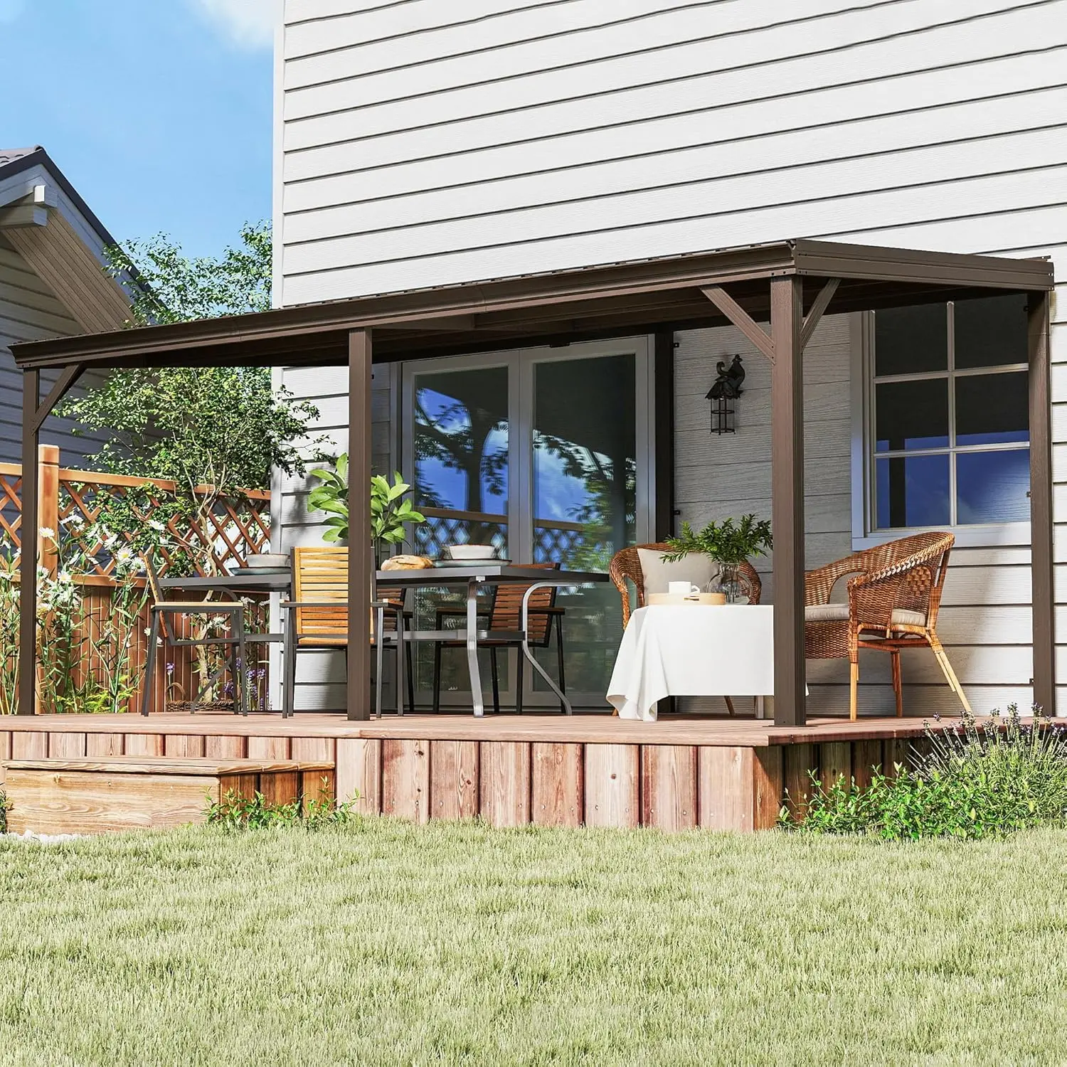 ！@12 X 16 FT Lean to Gazebo, Wall Mounted Gazebo with Built-in Drainage, Galvanized Steel Roof, Hardtop Patio, Brown view 2