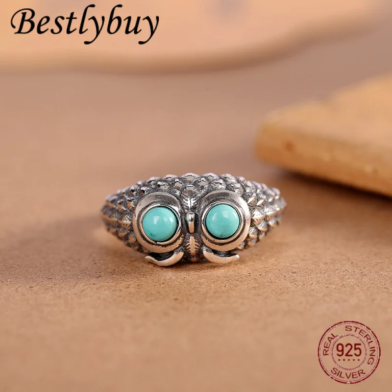 

NEW S925 Pure Silver European And American Retro Natural Turquoise Eye Owl Ring Men's And Women's Personalized Jewelry