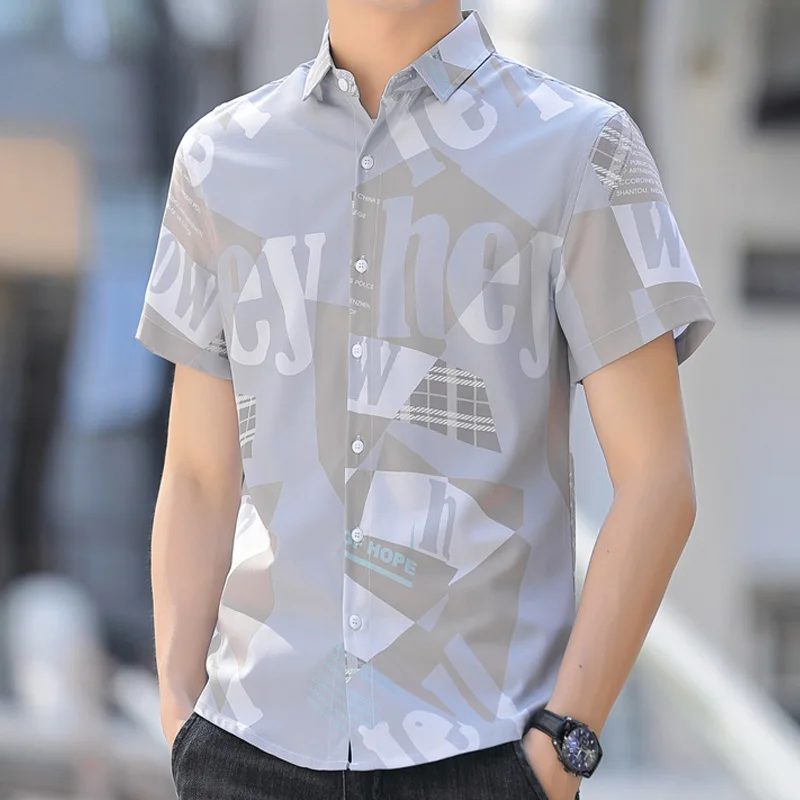 

European Style 3D Letters Printed Luxury Short Sleeve Shirt Men Summer New Quality Elastic Comfortable Slim Fit Camisa Masculina