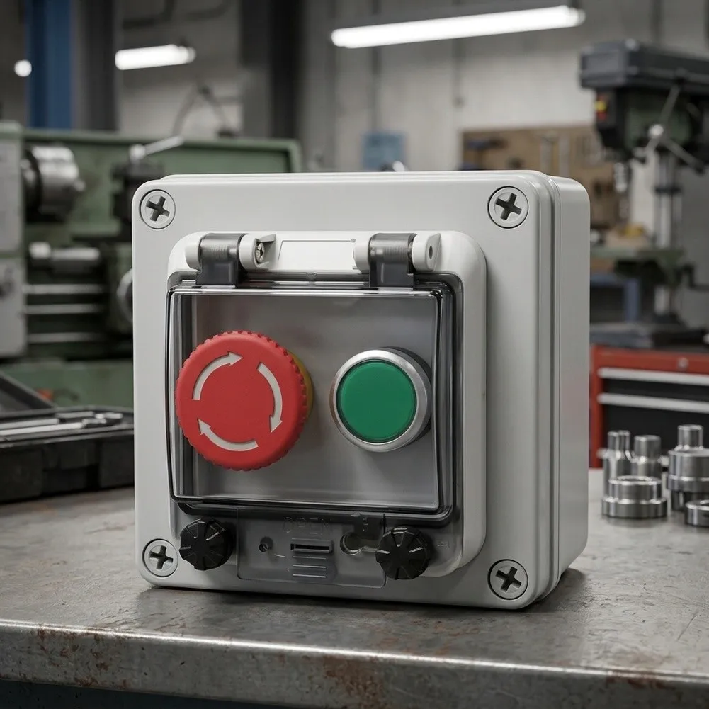 Industrial Grade Waterproof Stop Switch Box with Two Buttons for Outdoor Automation Systems 1NO 1NC Contact 125x125x75mm Size