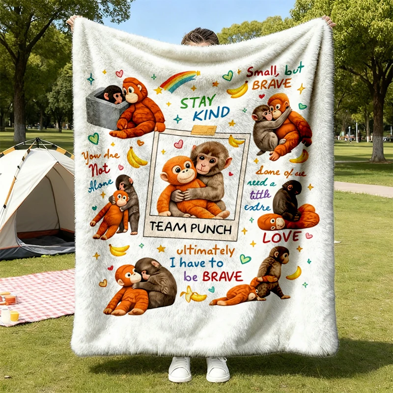 Team Punch Monkey Flannel Blanket, Viral Monkey Meme Flannel Throw, Trend Meme Cozy Blanket, Save Punch