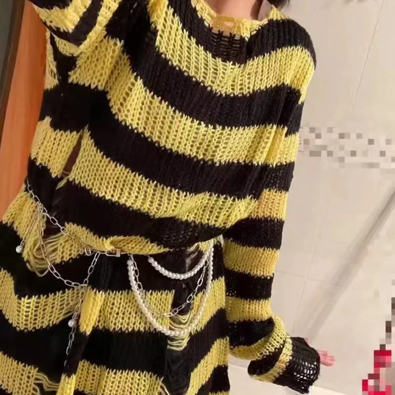 Women Punk Gothic Long Unisex Sweater Striped Cool Hollow Out Hole Broken Jumper Loose Rock Thin Dark Streetwear Top M3288