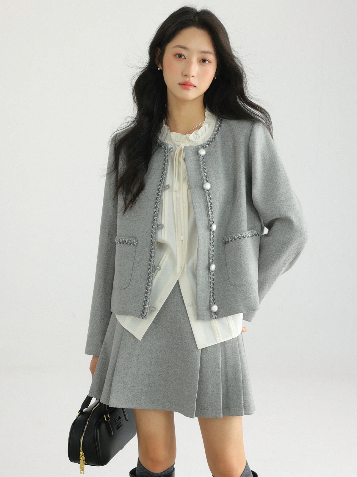 Elegant Three-Piece Set: Frill Collar Blouse, Tweed Jacket with Silver Accents, and a Pleated Wool Skirt, Perfect for Chic