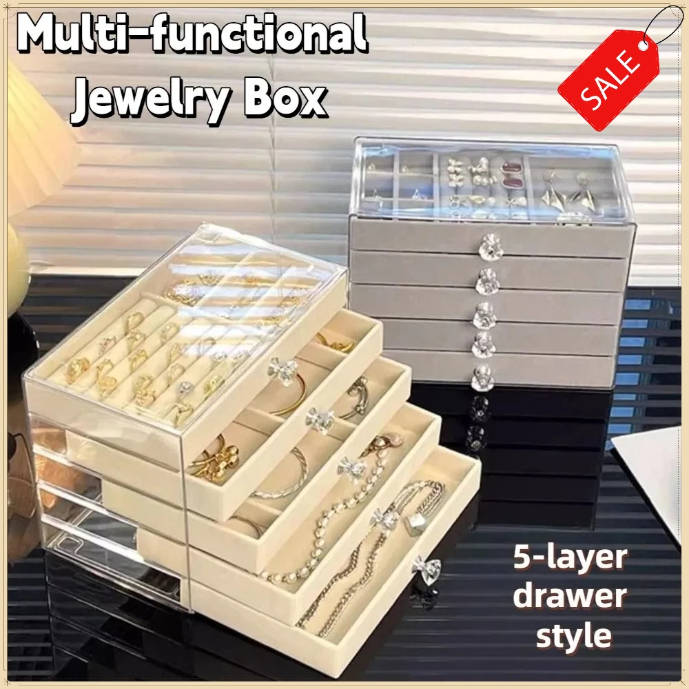 Large Capacity Multi-layer Velvet Acrylic Jewelry Box Transparent Organizer for Earrings Necklaces Storage
