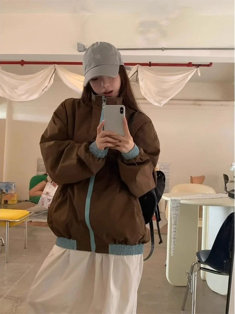 سترة نسائية أمريكية عتيقة الطراز ذات وجهين للربيع والخريف، فضفاضة بثلاثة خطوط، قطعة علوية رياضية غير رسمية بسحاب وأكمام طويلة #5